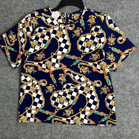 Vintage Kristen Women's Medium Short Sleeve Shirt Nautical Theme Shoulder Pads - Picture 1 of 9